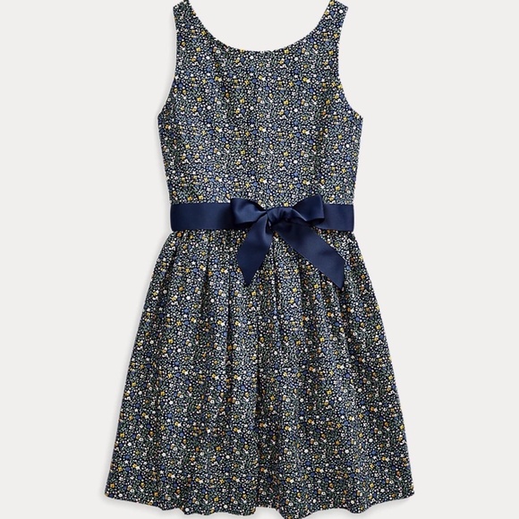 Polo Ralph Lauren Girl’s Ditsy Floral Cotton Poplin Dress Sleeveless Navy Blue